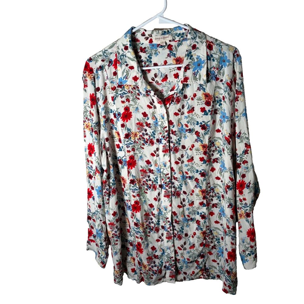 Song n Spirit Shirt Women's XL Floral Button Up Collared Long Sleeve Colorful